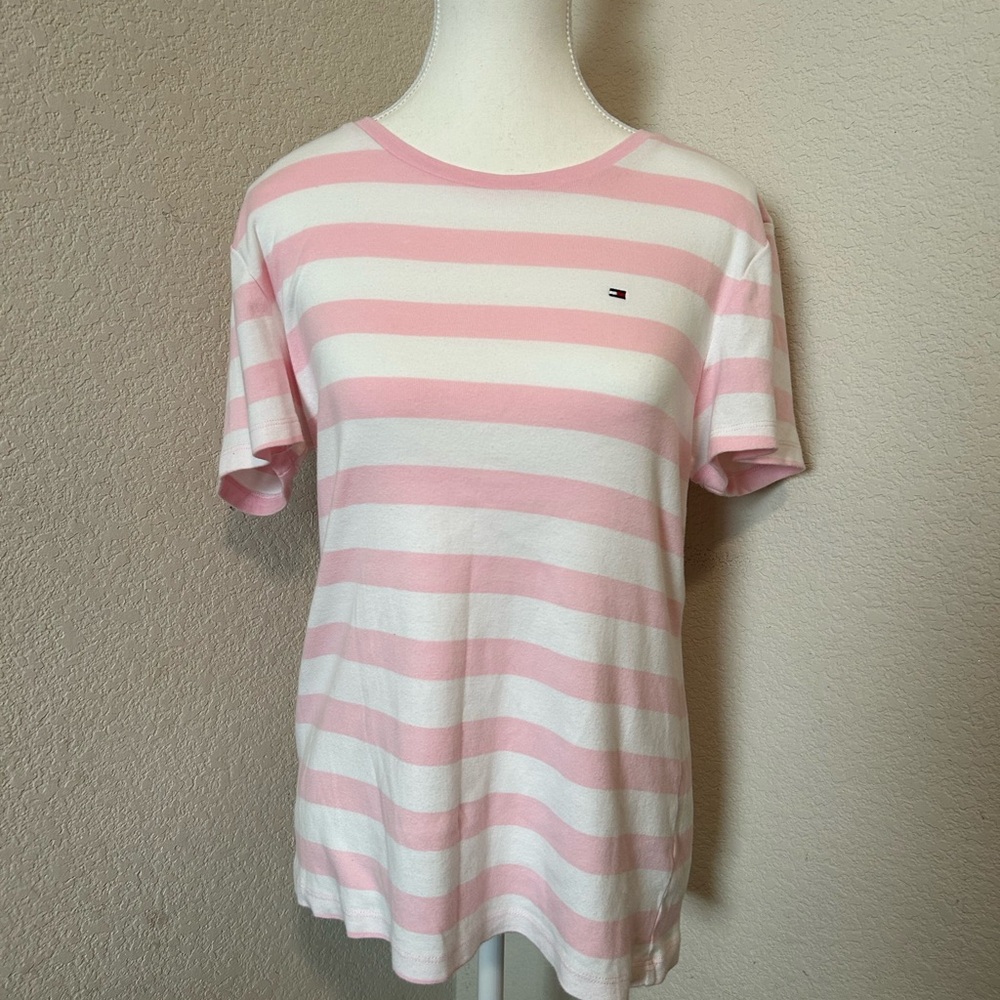 Tommy Hilfiger Fitted Pink and White Short Sleeve T-Shirt